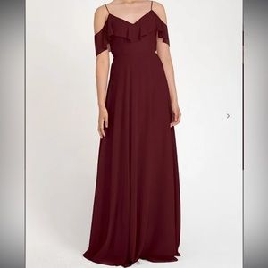 Jenny Yoo Maroon off the shoulder chiffon gown with strap